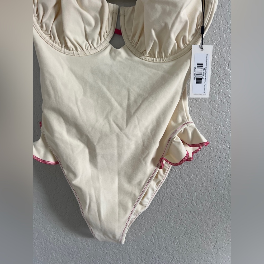 NWT Montce Cream Raspberry Binded Petal Ruffle One-Piece. Size M - Picture 11 of 15